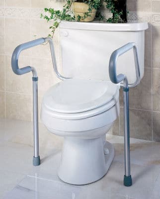 Toilet safety frames with supportive arms increase bathroom safety for seniors