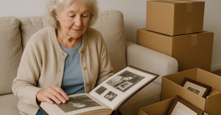 Senior woman holding a photo album while sorting keepsakes.