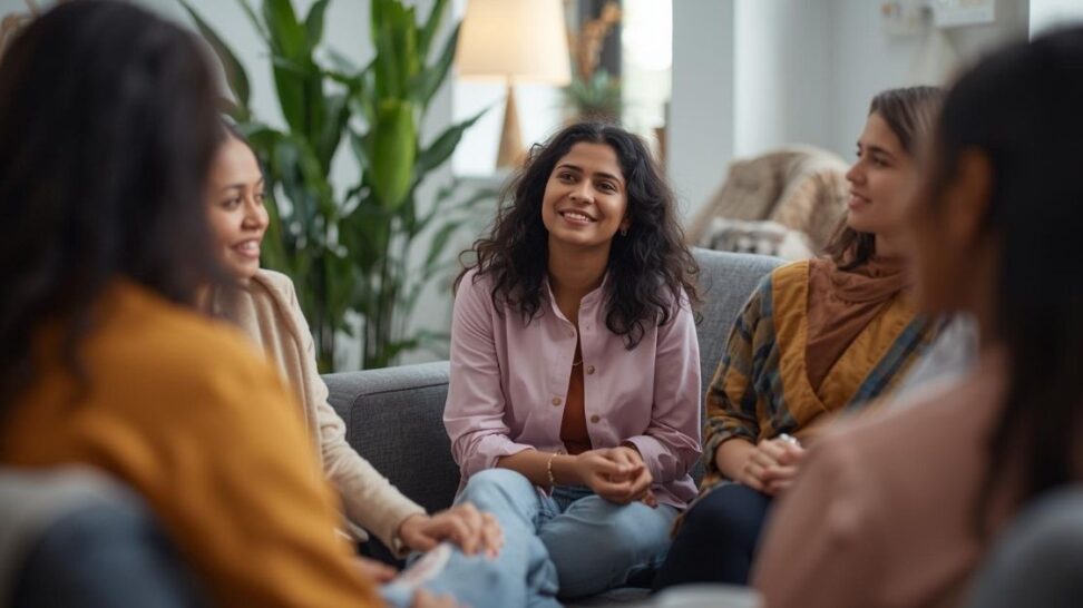 An image of women participating in a support group discussion for Alzheimer's and dementia.