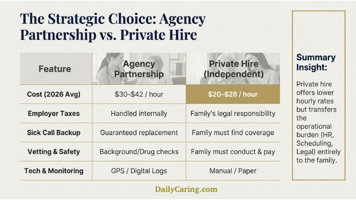 Private caregiver vs home care agency hire.