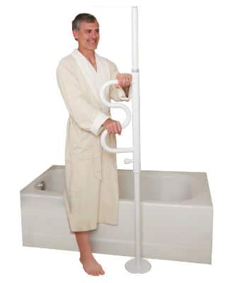 add a safety grab bar anywhere with this non-permanent stander bar, it's especially useful in tight bathroom spots