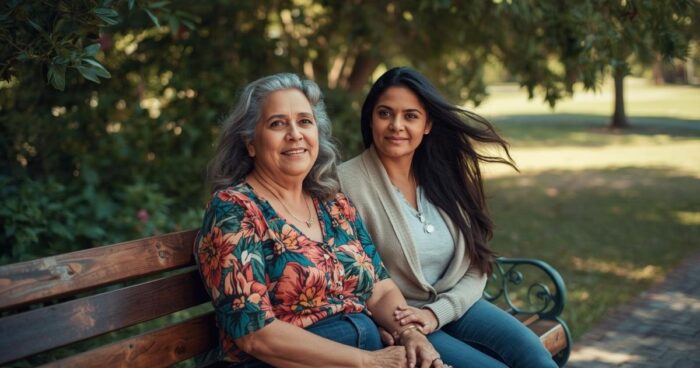 An image of two women, one is older and she has MS. Learn about the unique challenges people caring for someone with MS face.