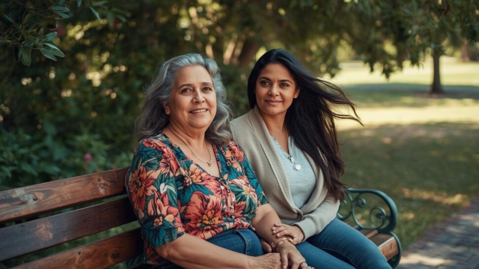 An image of two women, one is older and she has MS. Learn about the unique challenges people caring for someone with MS face.