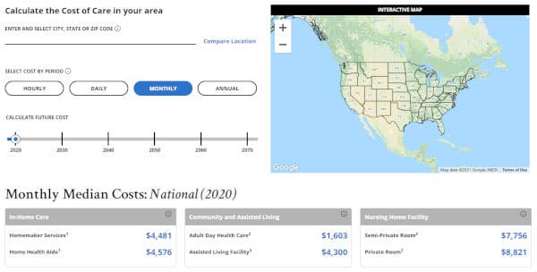 Genworth’s online long term care cost estimator tool and 2020 national monthly average costs