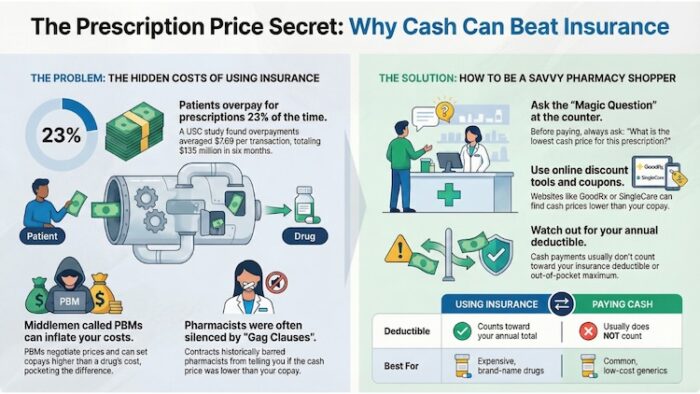 Patients overpay for prescriptions 23% of the time. Always ask for the cash price at your pharmacy.