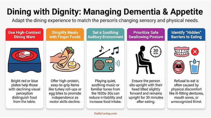Tips on how to get seniors with dementia to eat.