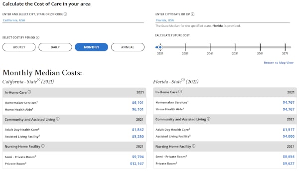 Genworth’s online long term care cost estimator tool - compare 2021 costs for California and Florida