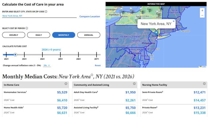 Genworth’s online long term care cost estimator tool for New York - compare 2021 and 2026 average costs