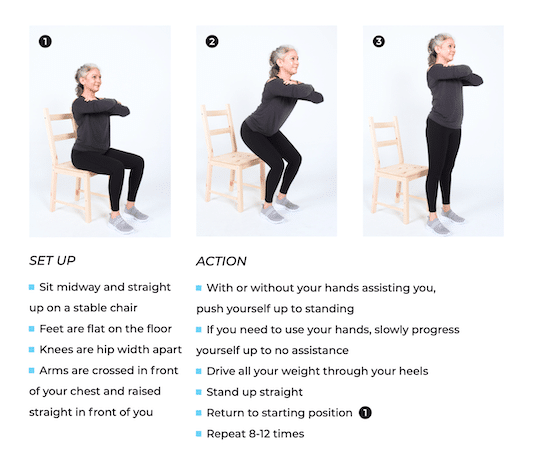 Seated sit to stand squat exercises for seniors