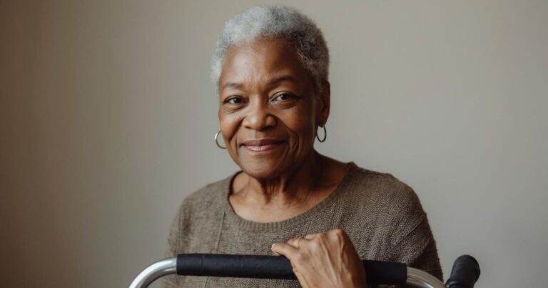 Image of an older woman who maintains her independence by using a walker for mobility.