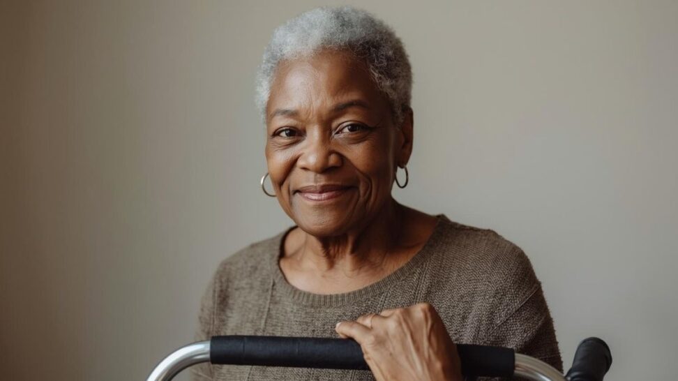 Image of an older woman who maintains her independence by using a walker for mobility.
