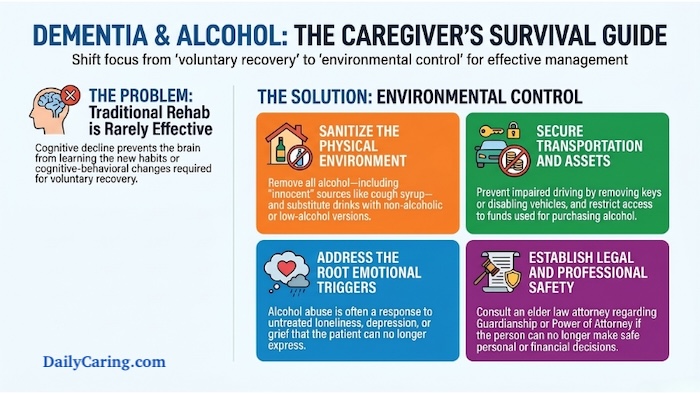 Infographic describing the main issues surrounding dementia and alcohol abuse.