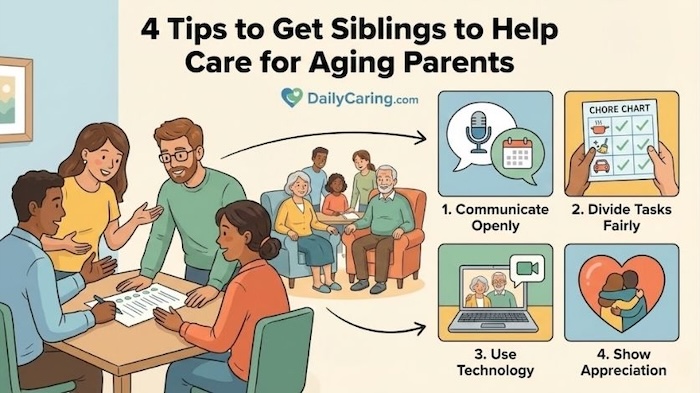 4 tips to get your siblings to help with caregiving for your aging parents.