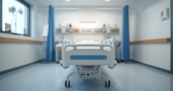 A hospital bed situated in a brightly lit hospital room. There are important things to know about helping an older adult recover from surgery.