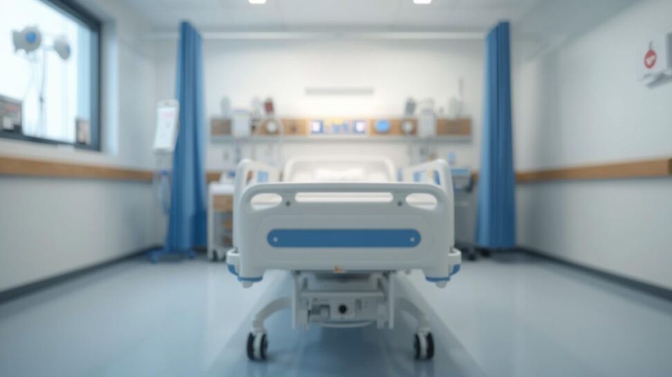 A hospital bed situated in a brightly lit hospital room. There are important things to know about helping an older adult recover from surgery.