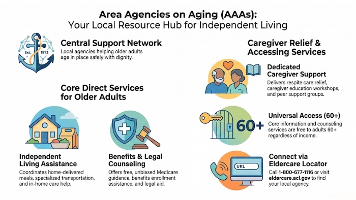 Infographic depicting all of the services that a local Area Agency on Aging provides to a community.