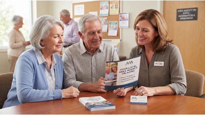 Image of a couple meeting with an administrator for the local Area Agency on Aging for caregivers.