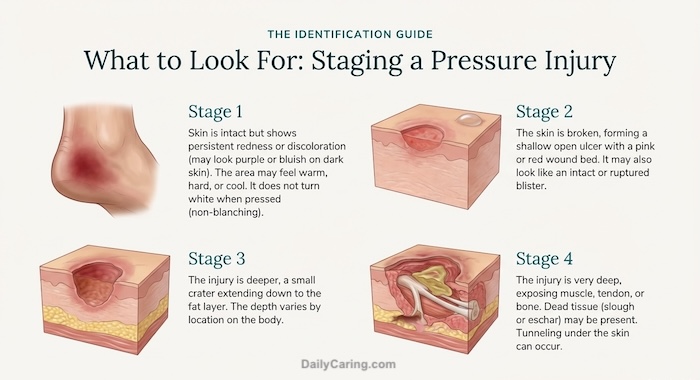 The 4 stages of bed sores get progressively worse. Here's how to define the stages.