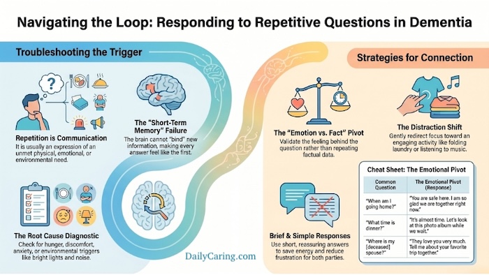 How to respond to repetitive questions in dementia caregiving.