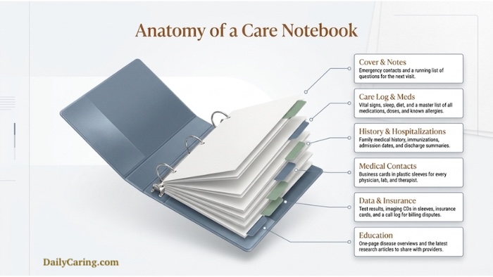 Image of a care notebook, full of important documents to make the caregiver a better care advocate.
