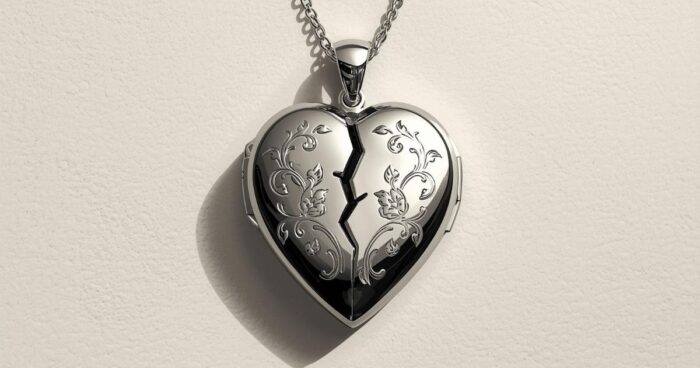 A heart-shaped locket partly cracked symbolizing caregiver guilt and love coexisting.
