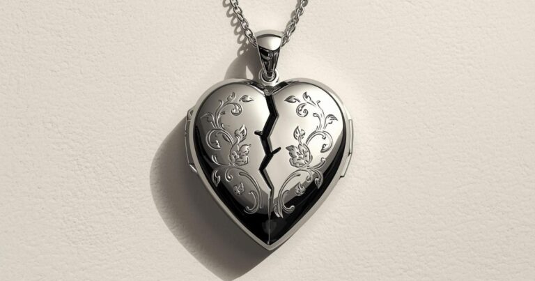 A heart-shaped locket partly cracked symbolizing caregiver guilt and love coexisting.