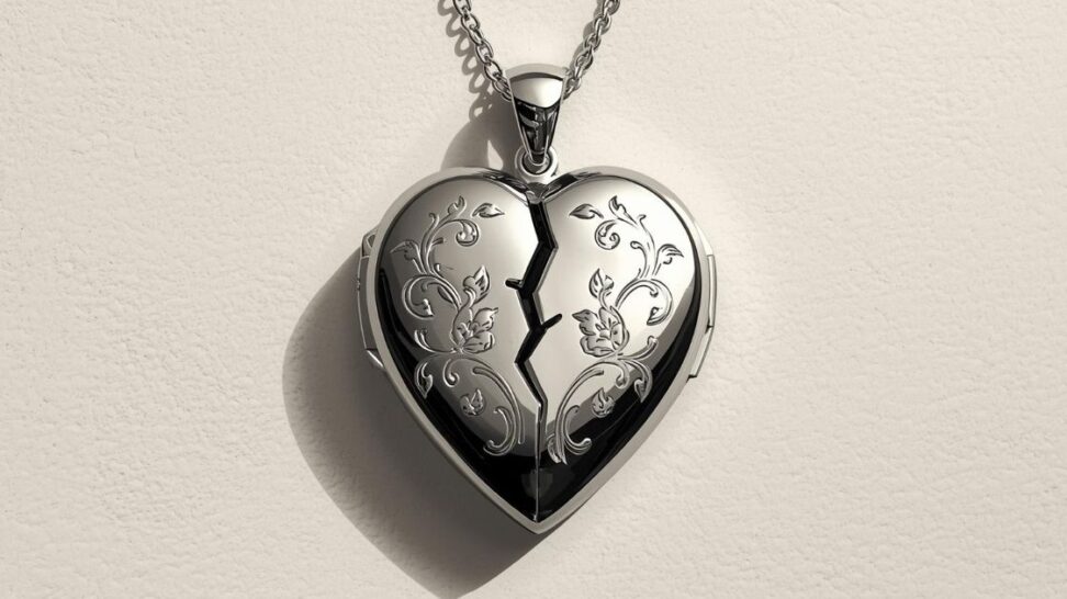 A heart-shaped locket partly cracked symbolizing caregiver guilt and love coexisting.