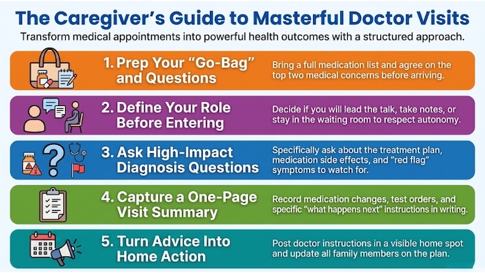 Infographic with a list of items to help manage doctor's visits without conflict.