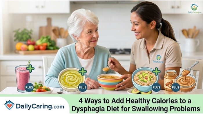 Recommendations for adding calories to a healthy dysphagia diet for aging adults.