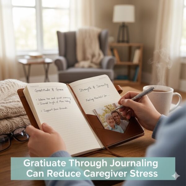 Caregiver stress can be relieved by exhibiting gratitude and writing those positive thoughts down in a journal.