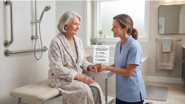A caregiver and an elderly woman in a bathroom talk about how often seniors should bathe.