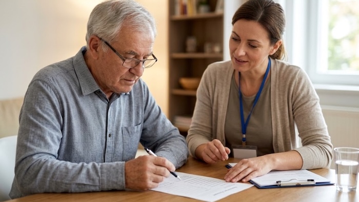 A clinician instructs a patient on how to take the mini-mental status exam for dementia screening.