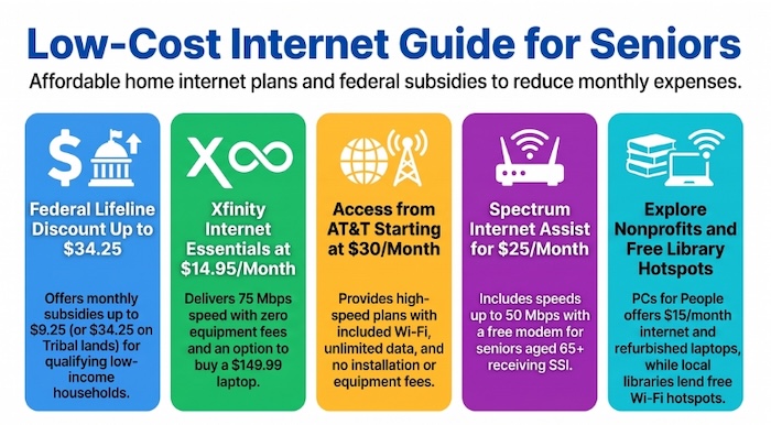 Infographic depicting low-cost internet options for seniors.