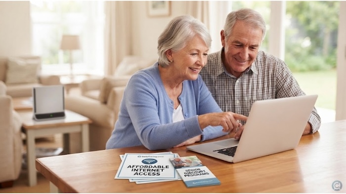 A couple sits down at the kitchen table to review low-cost internet programs for seniors.