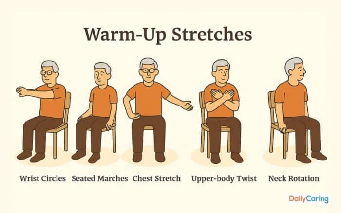 It's important to warm up before starting any exercises. This photo is a visual of warm up stretches.