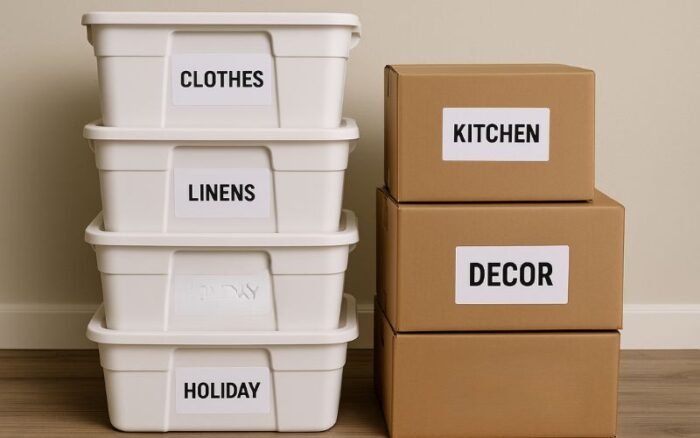 Labeled storage bins and boxes for organizing during a move.
