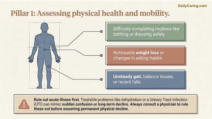 Assessing physical health and mobility is vitally important to determine changing care needs of aging adults.