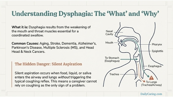 Silent aspiration can be dangerous in aging adults with dysphagia.