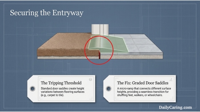 Fix or eliminate tripping hazards for bathroom safety.