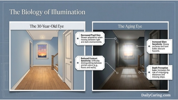 Improve bathroom lighting to minimize bathroom falls for aging adults.