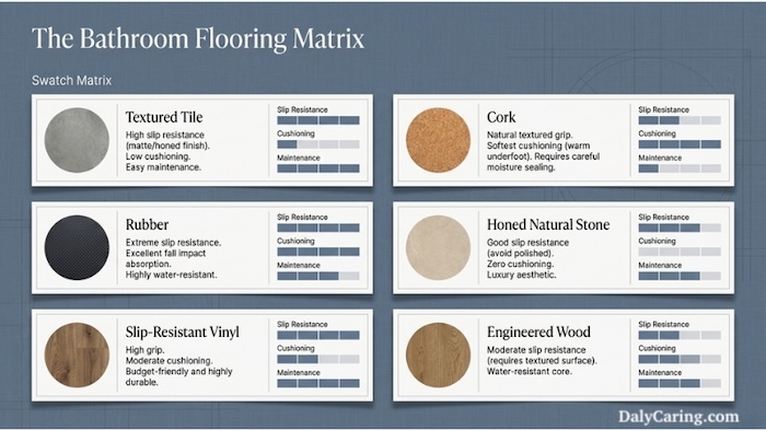 Slip-resistant flooring options for bathroom safety.