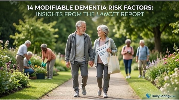 An aging couple walking while holding The Lancet Report on modifiable risk factors for dementia.