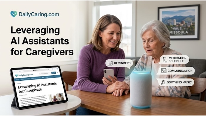 A middle age woman shows her mother how to use AI assistants for caregivers to help them with a daily routine.