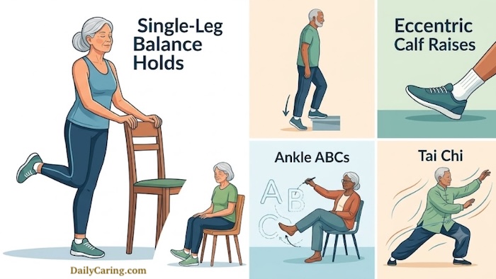 Senior woman performing single-leg balance holds to improve ankle mobility and aging.