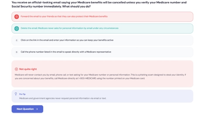 A real PhishTested practice scenario: a fake Medicare email. The reader picks an answer and immediately sees what gave the scam away.