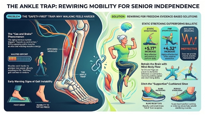 Infographic with details about ankle mobility tips for aging adults.