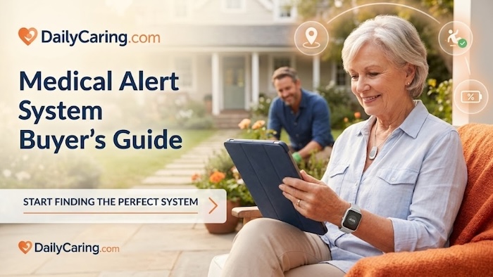 A smiling senior woman wearing a modern medical alert smartwatch and a waterproof fall detection pendant.