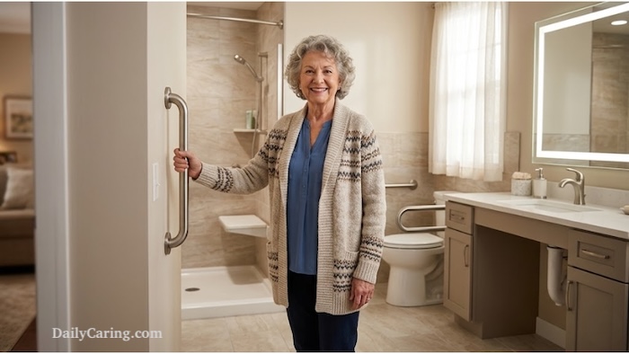 An elderly woman utilizing bathroom home modifications for seniors by holding a grab bar.