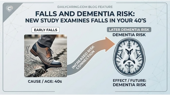 A graphic depicting the relationship between falls in middle age and dementia risk.