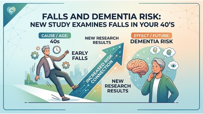 Graphic depicting the relationship between falls and dementia risk in mid-life.
